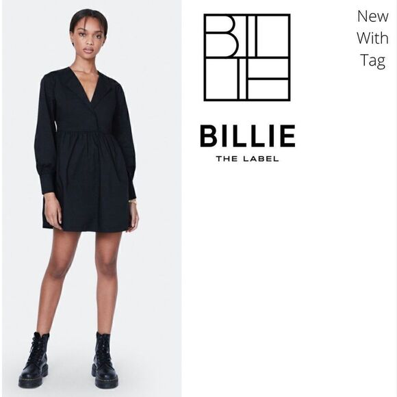BILLIE The Label NWT XLarge Alexa Poplin Mini Dress Black Long sleeve - Picture 1 of 12